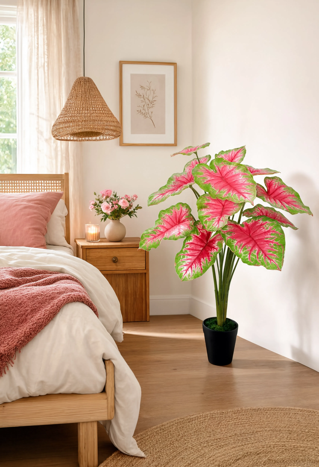 Caladium Artificiel Vert et Rose - 85 cm