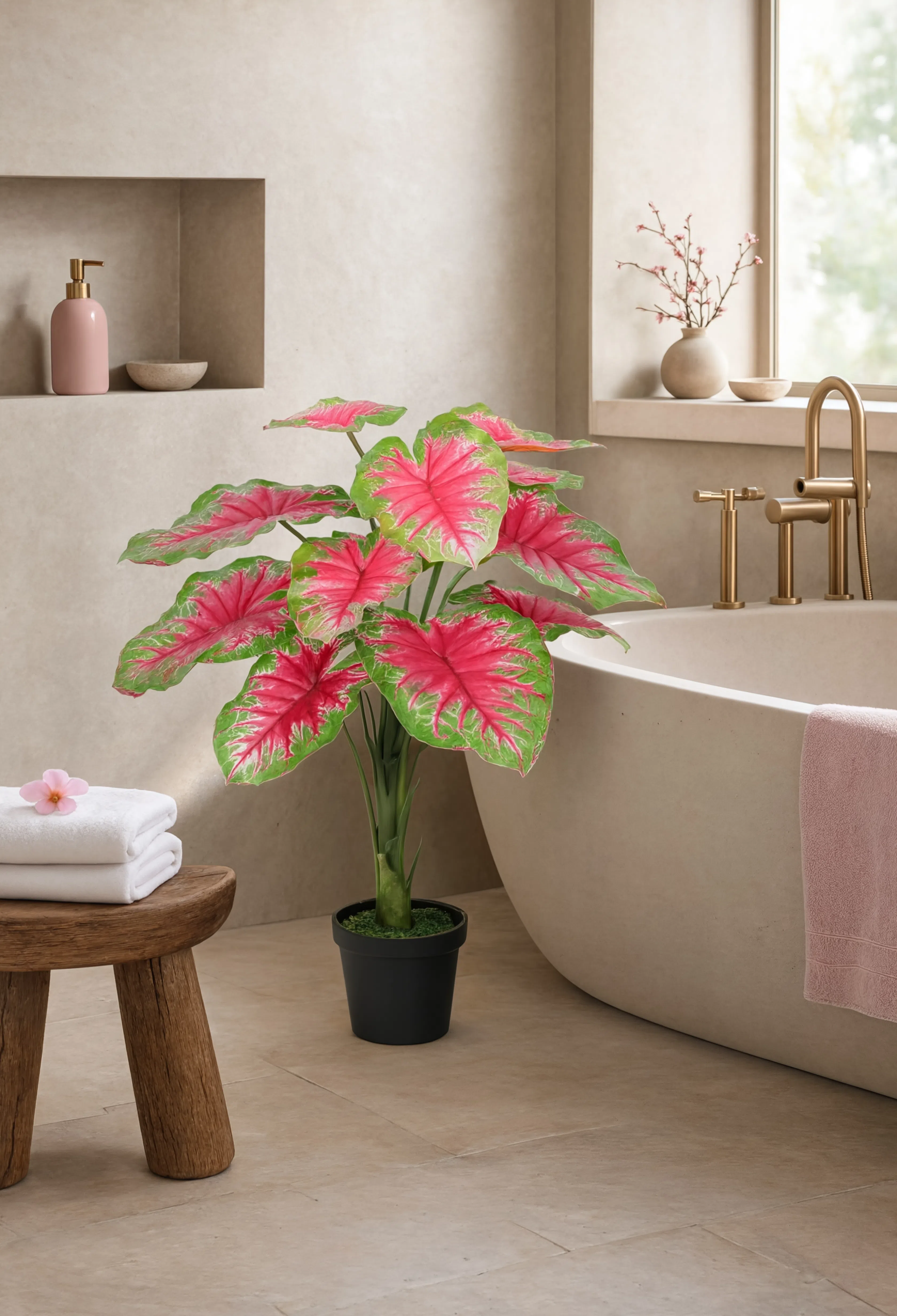 Caladium Artificiel Vert et Rose - 85 cm