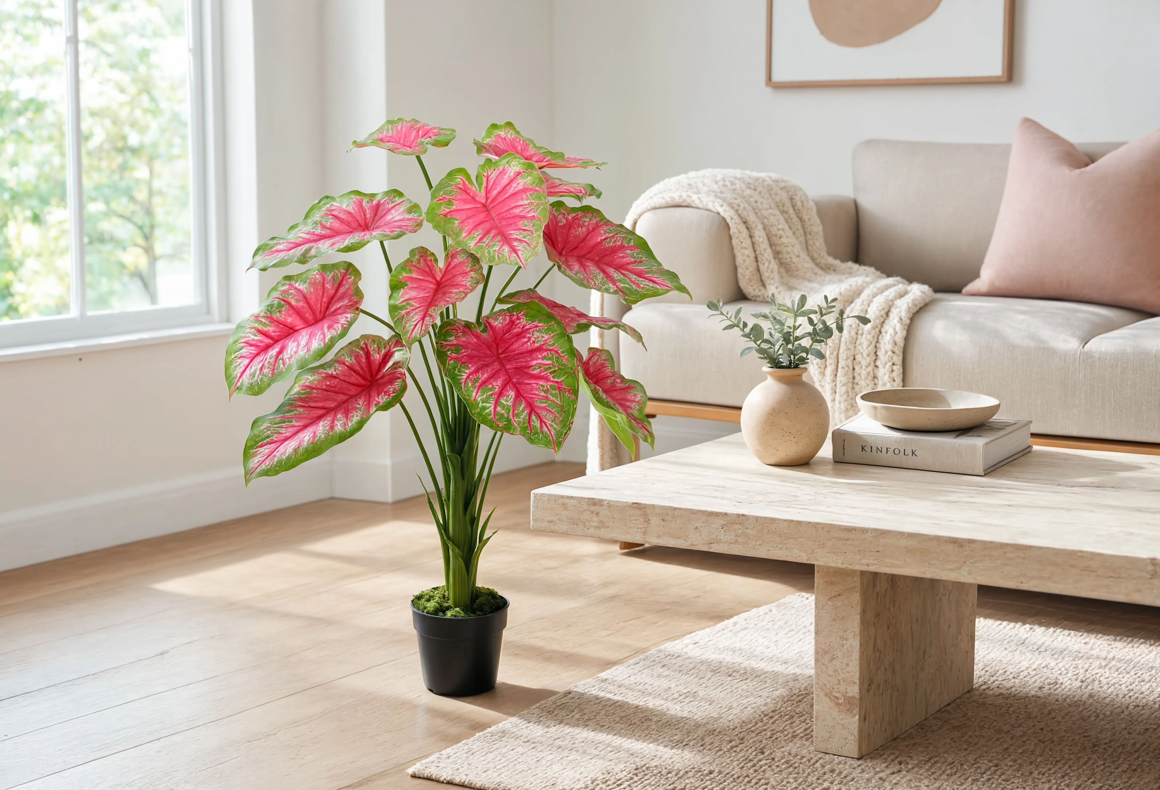 Caladium Artificiel Vert et Rose - 85 cm